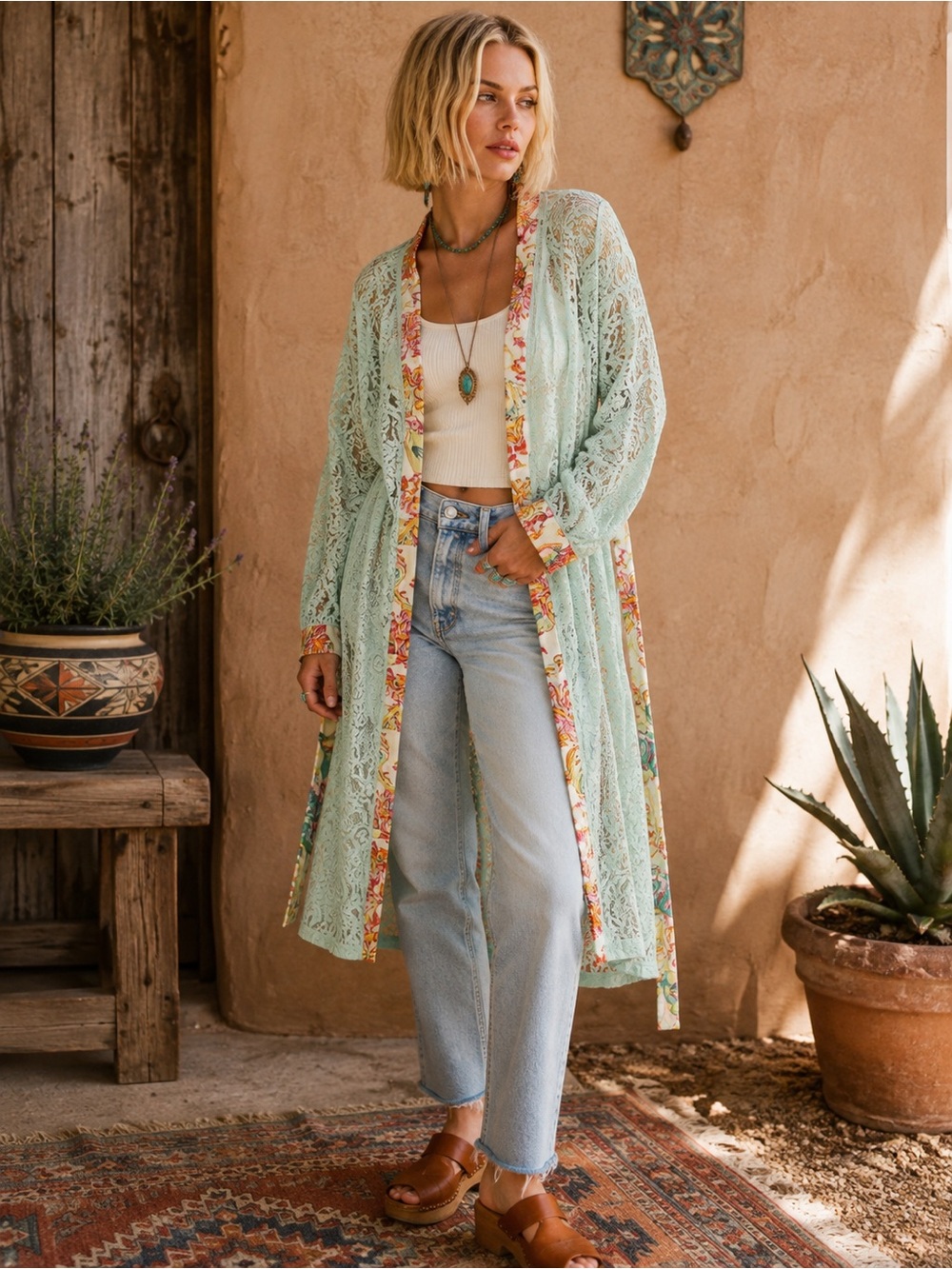 POL Moonlace Sheer Lace Duster Kimono Cardigan Mint Green Floral Belted S